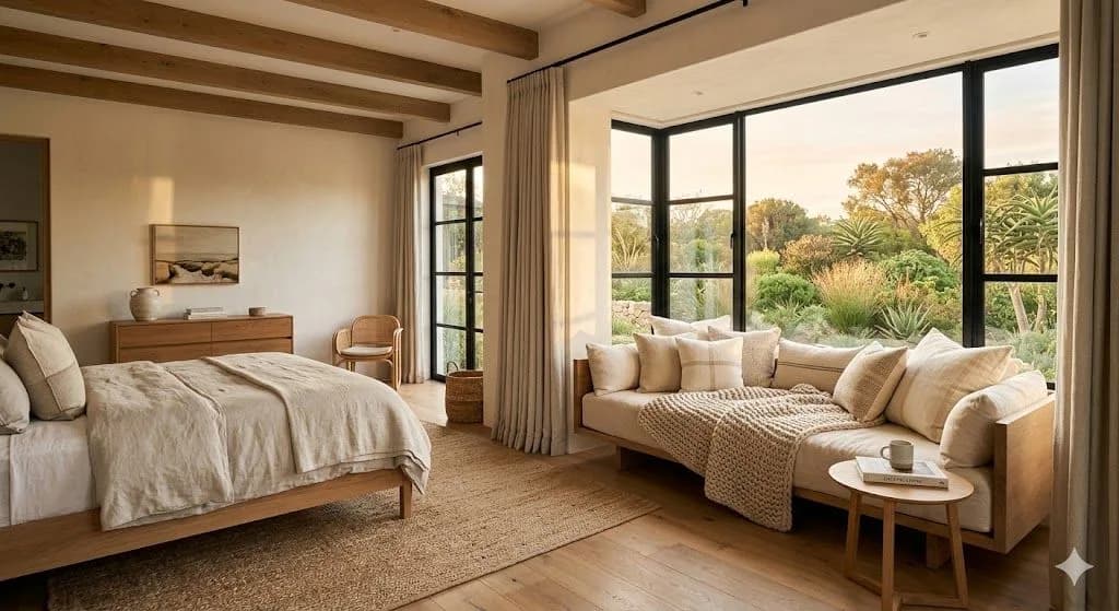 A warm, minimalist master bedroom utilizing clever floor plan zoning to create a distinct sleeping area with exposed ceiling beams and a relaxed window daybed lounge overlooking an indigenous garden.