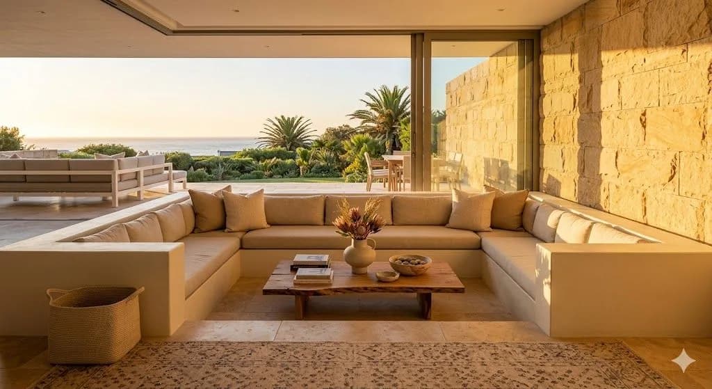 An elegant open-plan living room showing smart spatial zoning with a sunken conversational seating area, a raw wood coffee table, and massive sliding glass doors opening to coastal ocean views.