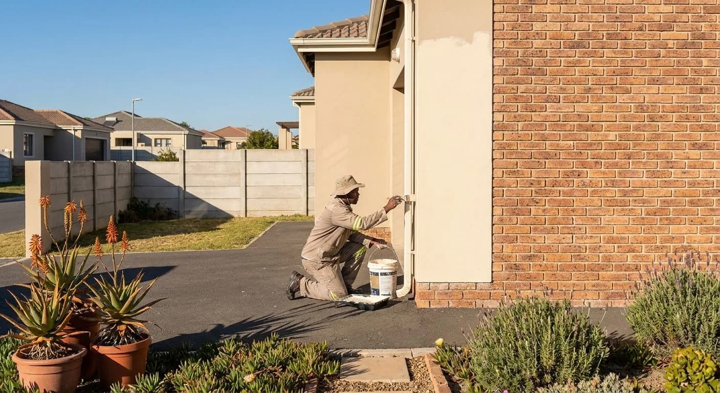 A South African homeowner applying fresh paint to the exterior walls of a facebrick and plaster home, sunlit suburban setting with indigenous plants in the foreground