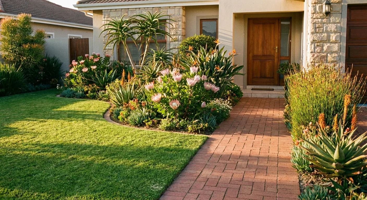 A neatly maintained South African front garden with manicured lawn, flowering indigenous plants and a tidy brick pathway leading to a welcoming front door, golden afternoon light