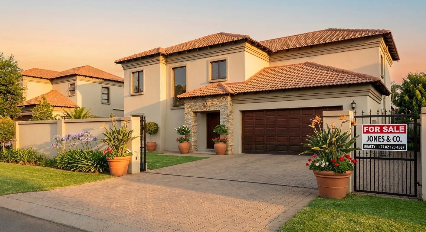 A beautifully presented South African home exterior ready for sale, freshly painted, clean driveway, potted plants flanking the entrance and a neat for-sale signboard at the gate