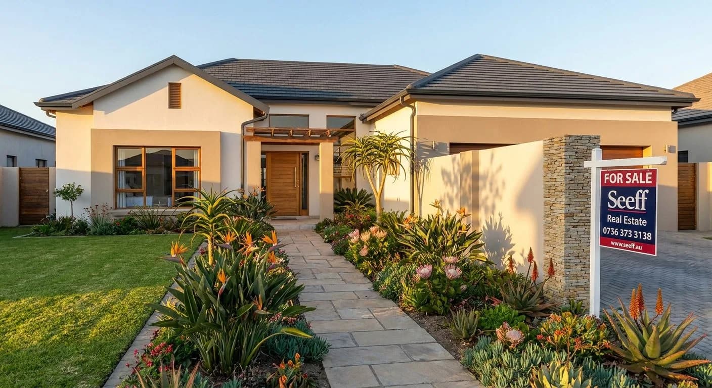A beautifully presented South African home exterior with lush landscaped front garden, freshly painted walls, welcoming entrance and for-sale sign at the gate, warm golden afternoon light