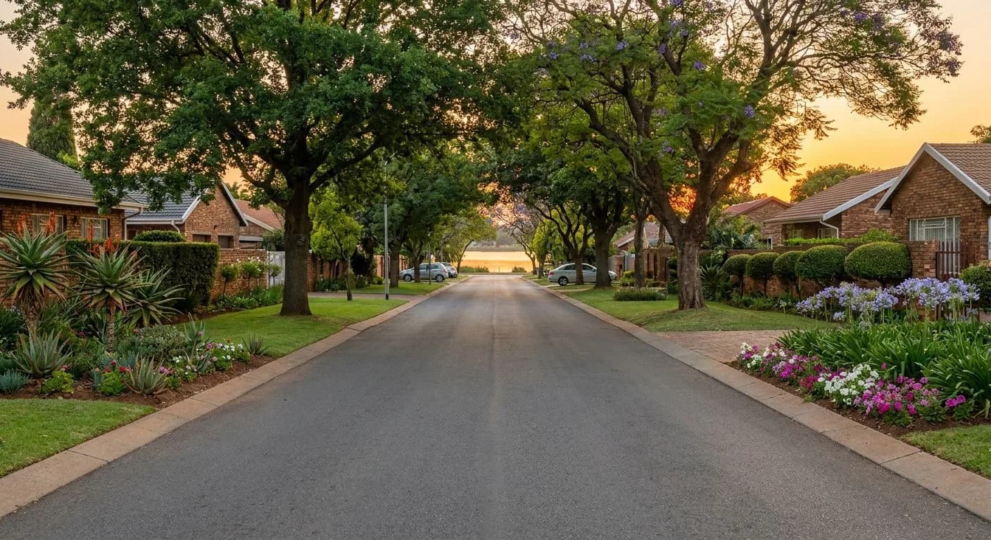 A leafy Boksburg suburb street at golden hour, mature trees lining a wide road, neat facebrick homes with well-maintained gardens, Boksburg Lake visible at the end of the street