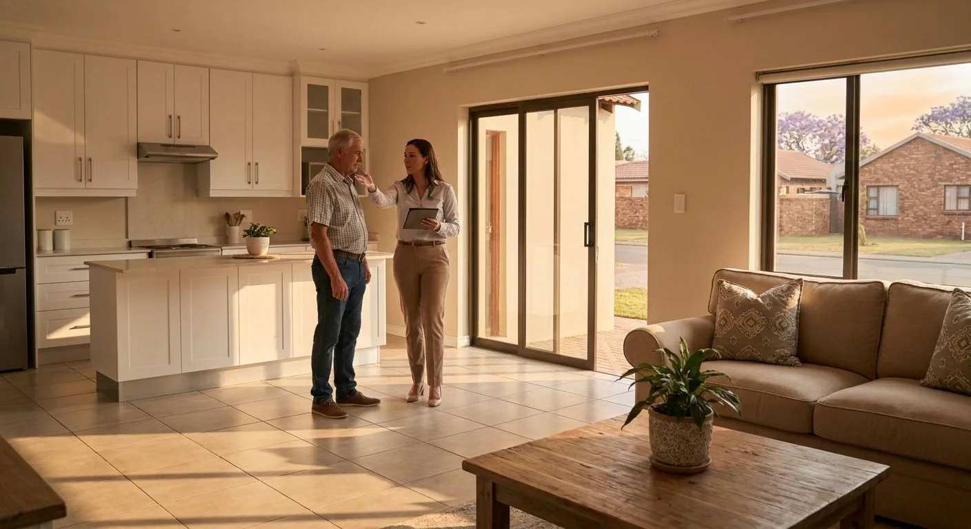 A South African home seller and estate agent walking through a property during a listing valuation, looking at the kitchen and living areas, warm afternoon light through large windows