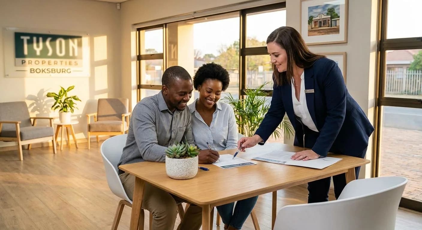 A South African couple signing an offer to purchase at an estate agent's office, warm natural light, smiling faces, neat professional office interior