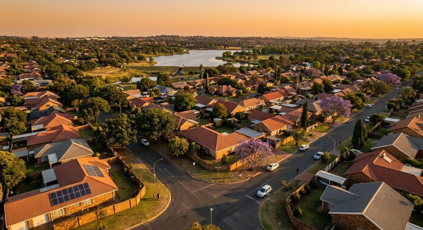 Aerial view of an established Boksburg East Rand suburb at golden hour, mature tree-lined streets, facebrick homes with tiled roofs, Boksburg Lake visible in the background, warm amber sky