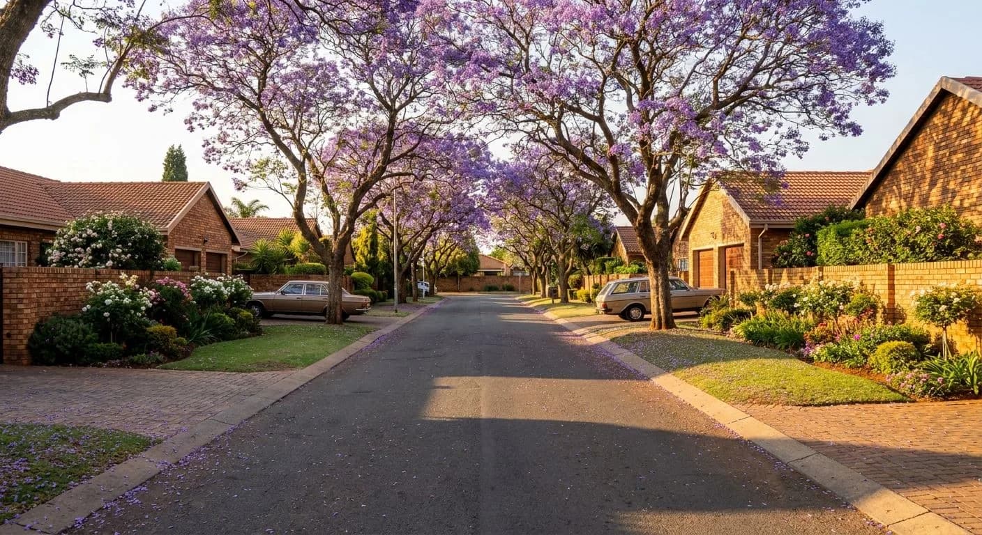 A quiet established Germiston suburb street at golden hour, mature jacaranda trees lining the road, neat facebrick homes with well-tended gardens, warm amber light