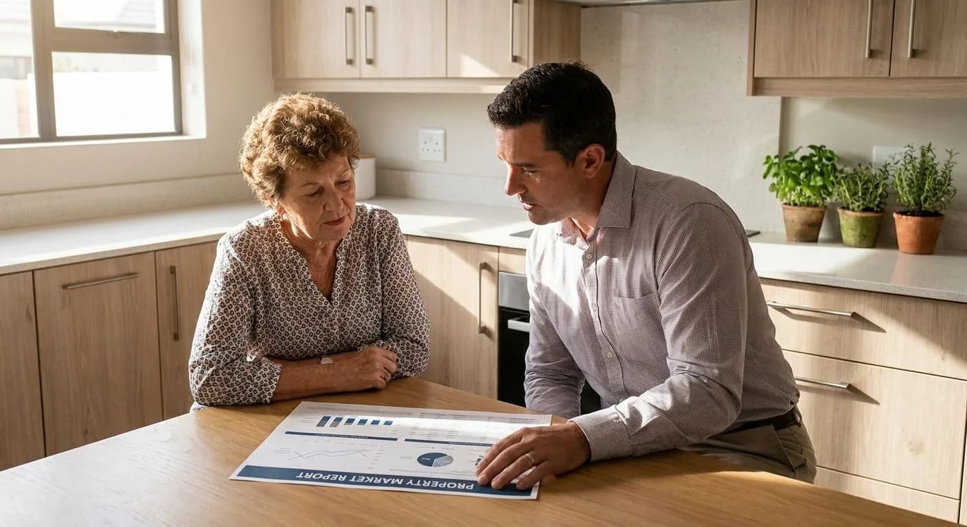 A South African home seller and estate agent reviewing a property listing price at a kitchen table, neat domestic interior, printed market report between them, warm morning light