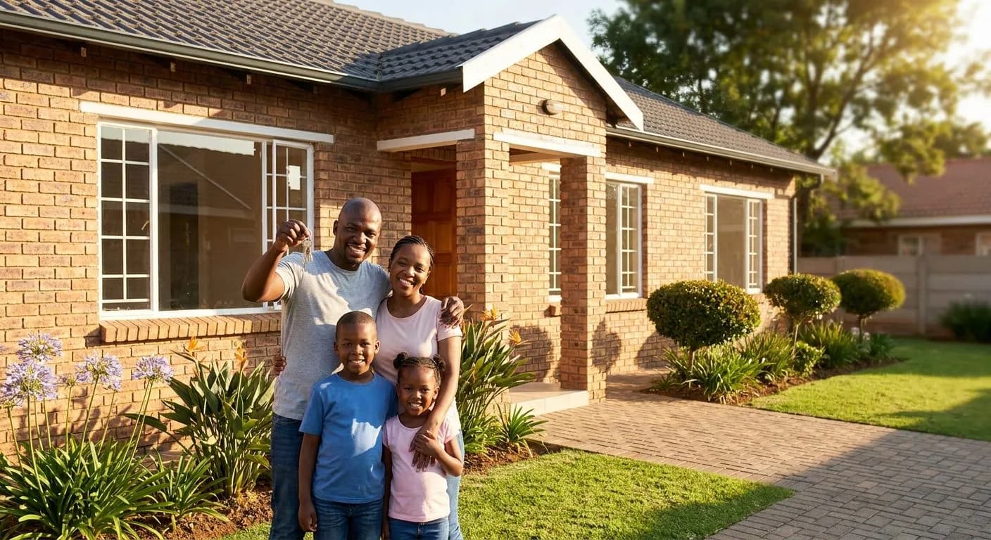 A young South African family standing at the entrance of their new Germiston suburban home, smiling and holding house keys, neat facebrick exterior with a manicured garden, golden afternoon light