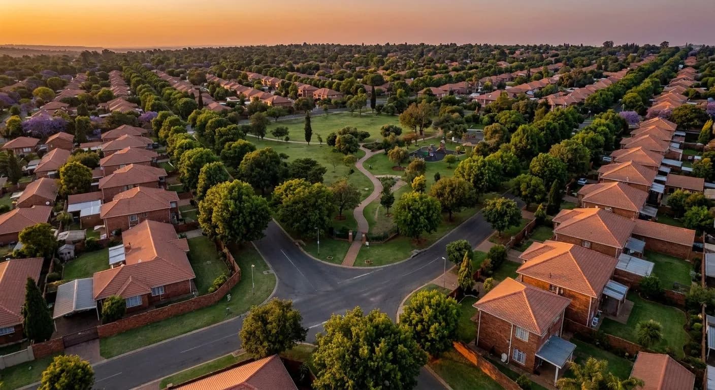 Aerial view of an established Germiston East Rand suburb at golden hour, neat facebrick homes with terracotta rooftiles, tree-lined streets and a municipal park visible, warm amber sky