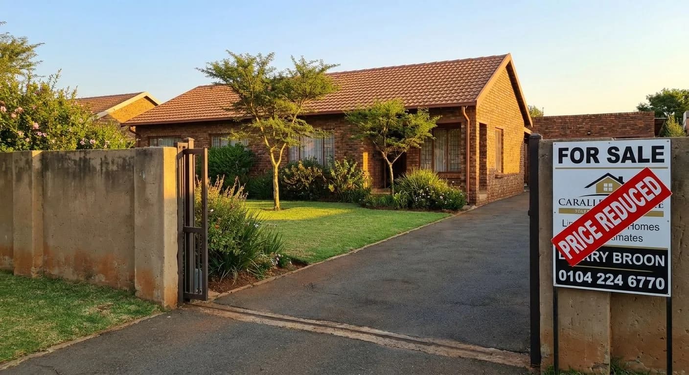 A South African suburban home exterior with a for-sale sign at the gate, mature garden, facebrick facade, warm afternoon light