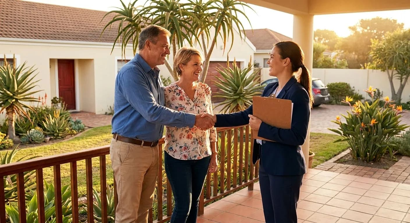 A South African couple shaking hands with an estate agent on the front stoep of their home after agreeing on a sale price, warm golden hour light, neat suburban exterior with aloes