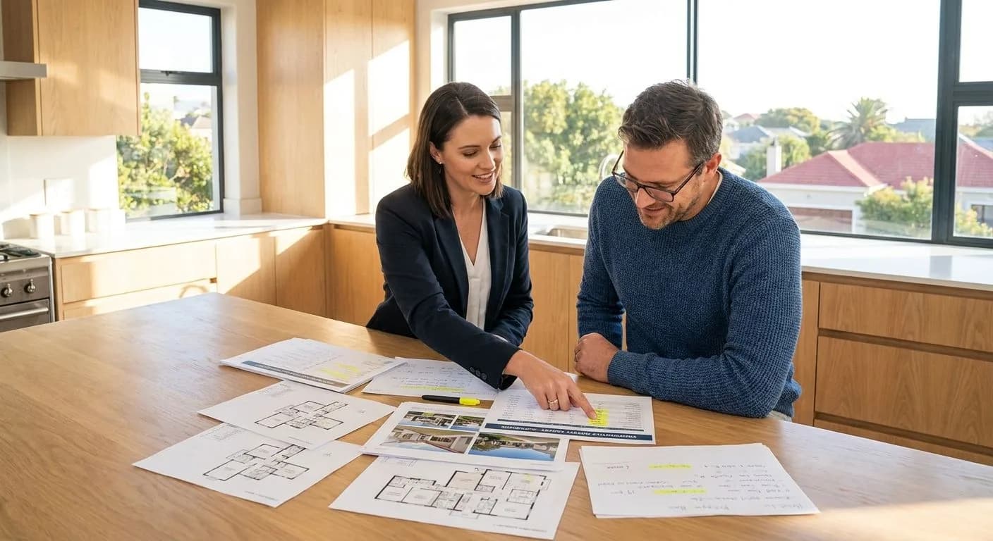 A South African estate agent and homeowner reviewing a comparative market analysis together at a kitchen table, property printouts spread out, warm morning light through large windows