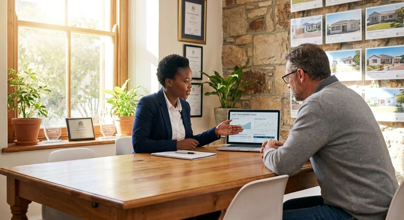 A South African estate agent sitting across from a homeowner, both looking at a laptop showing recent property sale prices in the area, warm professional interior