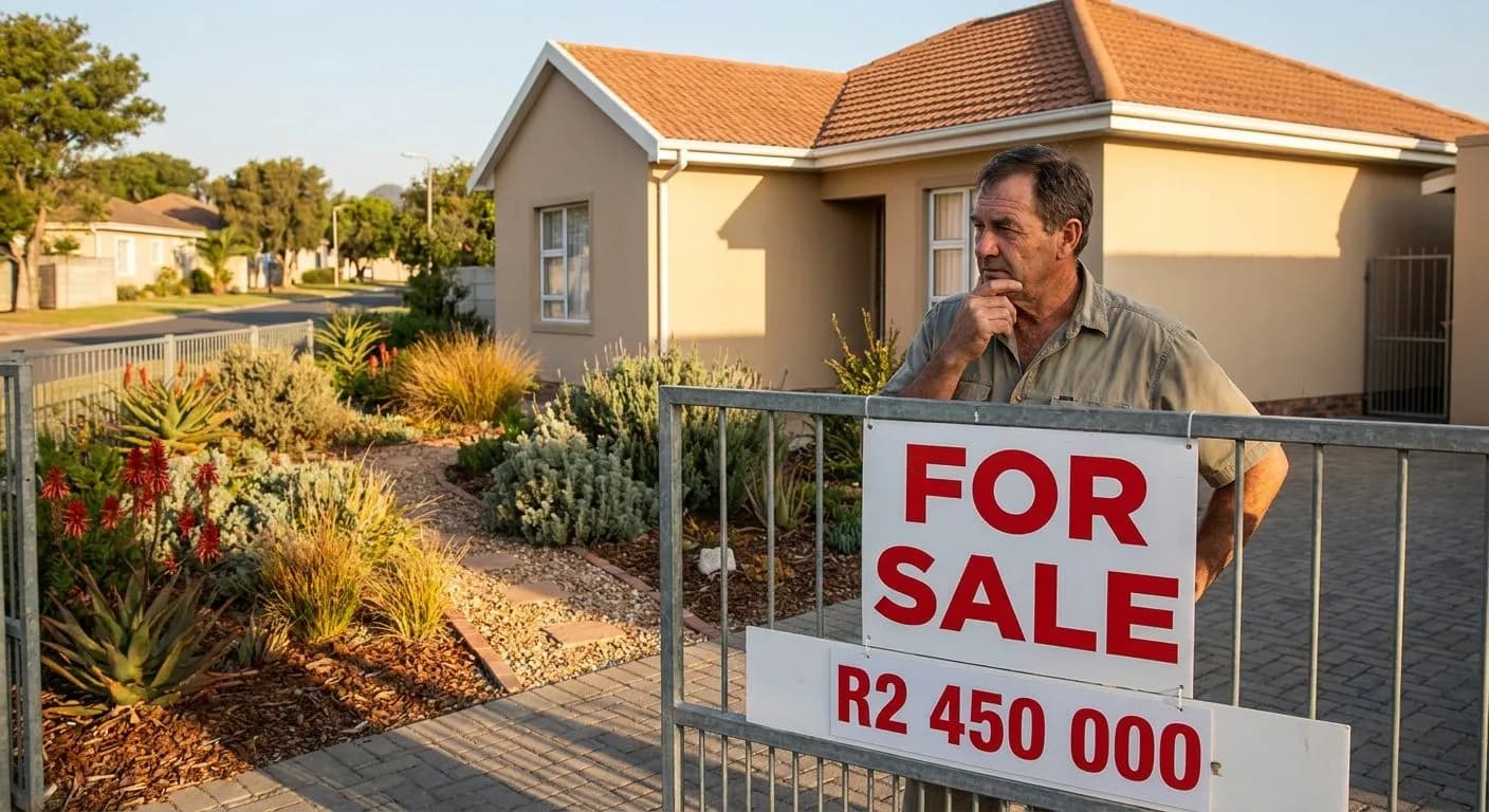 A South African homeowner looking at a for-sale sign with a price board at their front gate, neat suburban home exterior with indigenous garden, golden afternoon light