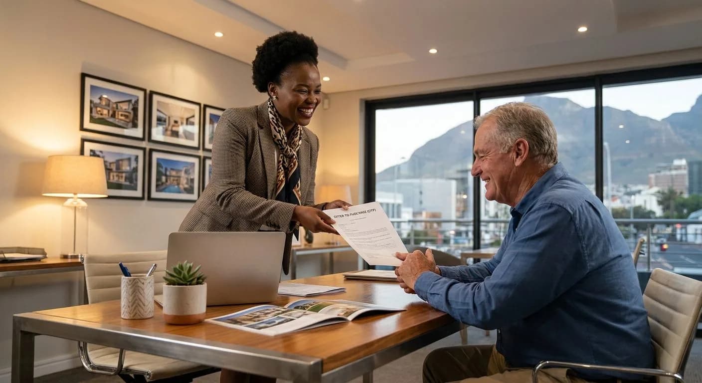 A South African estate agent handing a signed offer to purchase to a satisfied home seller at a professional office desk, warm office lighting, both smiling