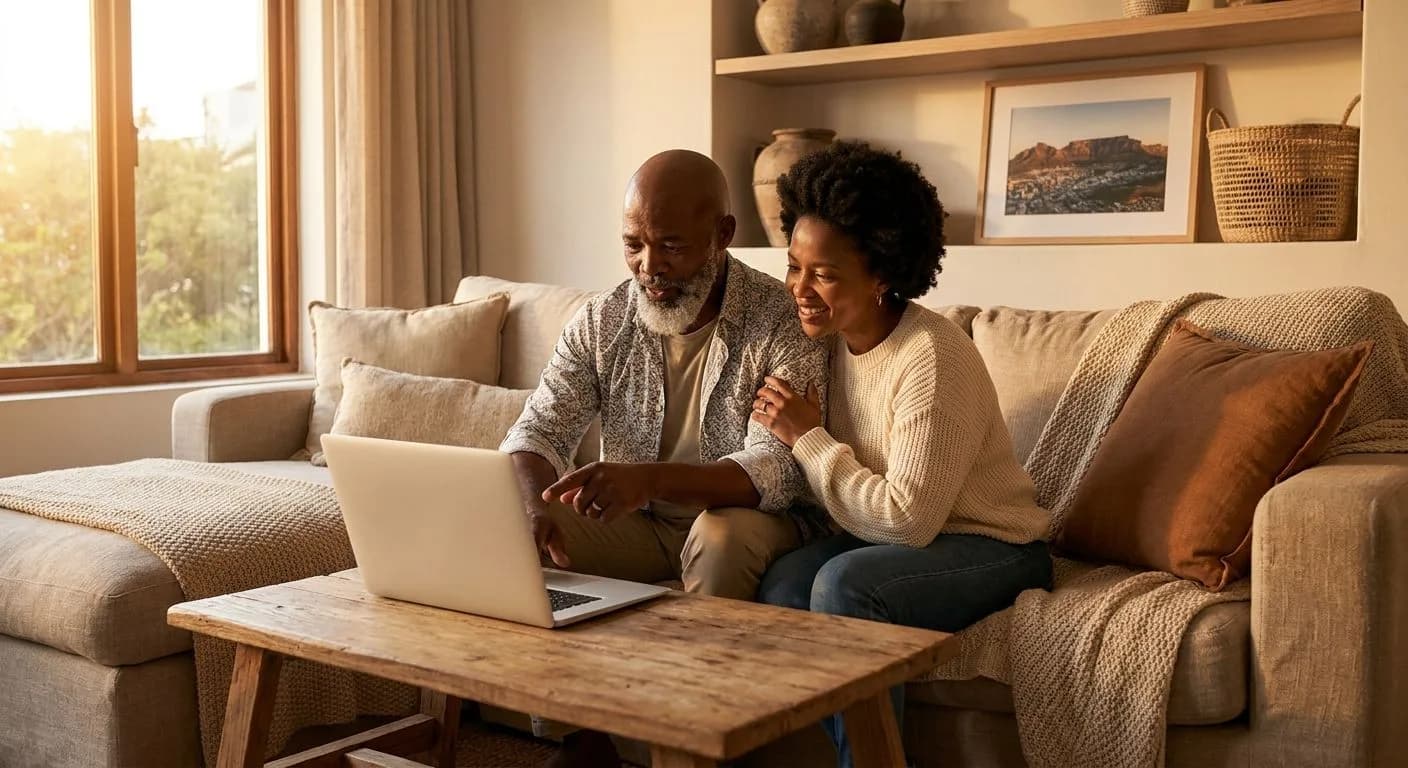 A South African couple viewing a property listing on a laptop at home, pointing at the screen, engaged expression, cosy living room with warm evening light