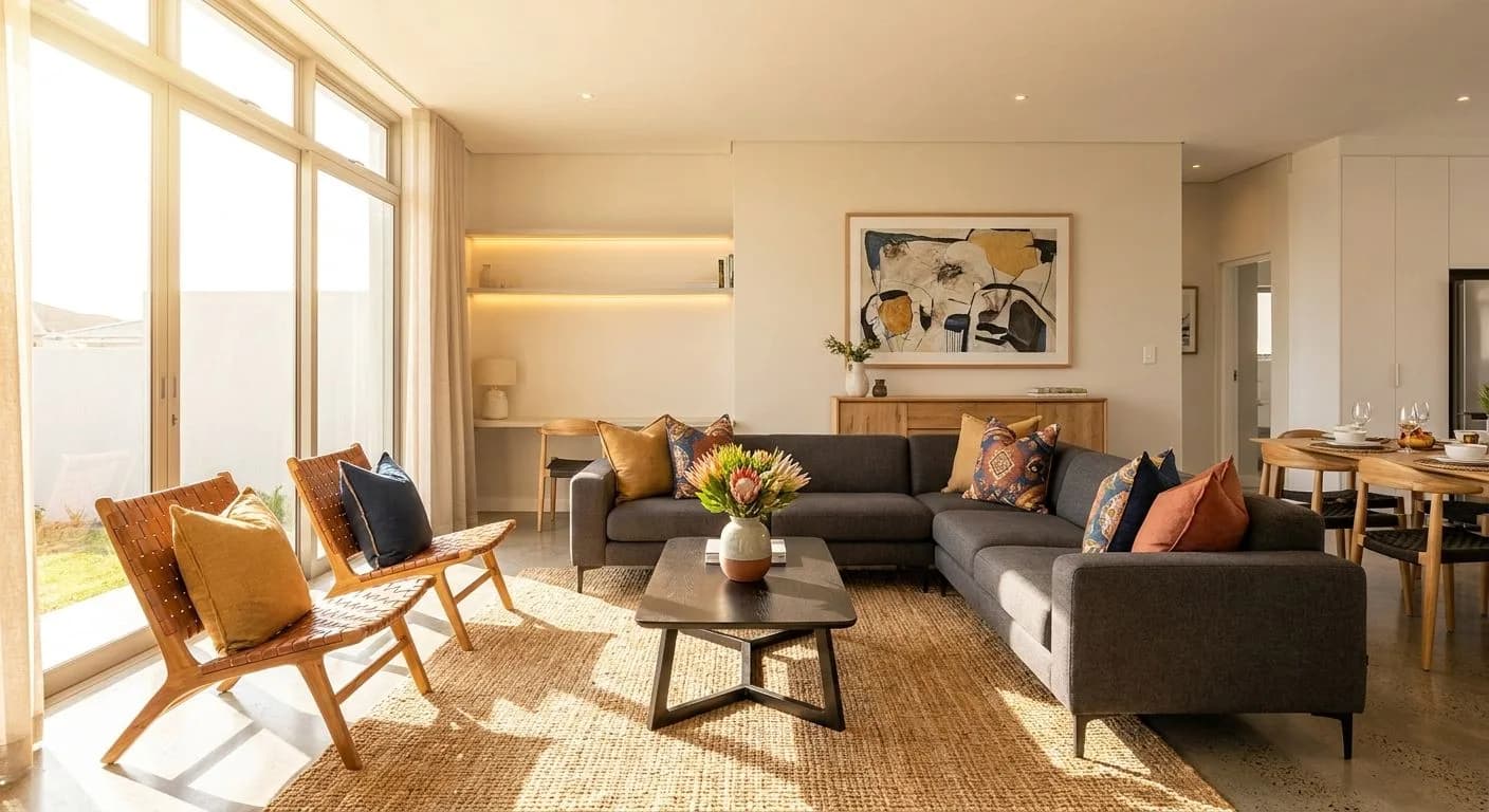 A well-staged South African home interior photographed professionally for a property listing, bright natural light, neat living room with fresh flowers and modern furnishings