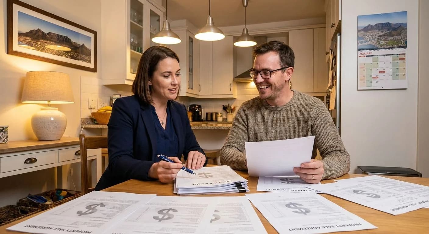 A South African estate agent presenting multiple offers to a home seller at a kitchen table, printed offer documents spread out, satisfied expressions, warm domestic interior light