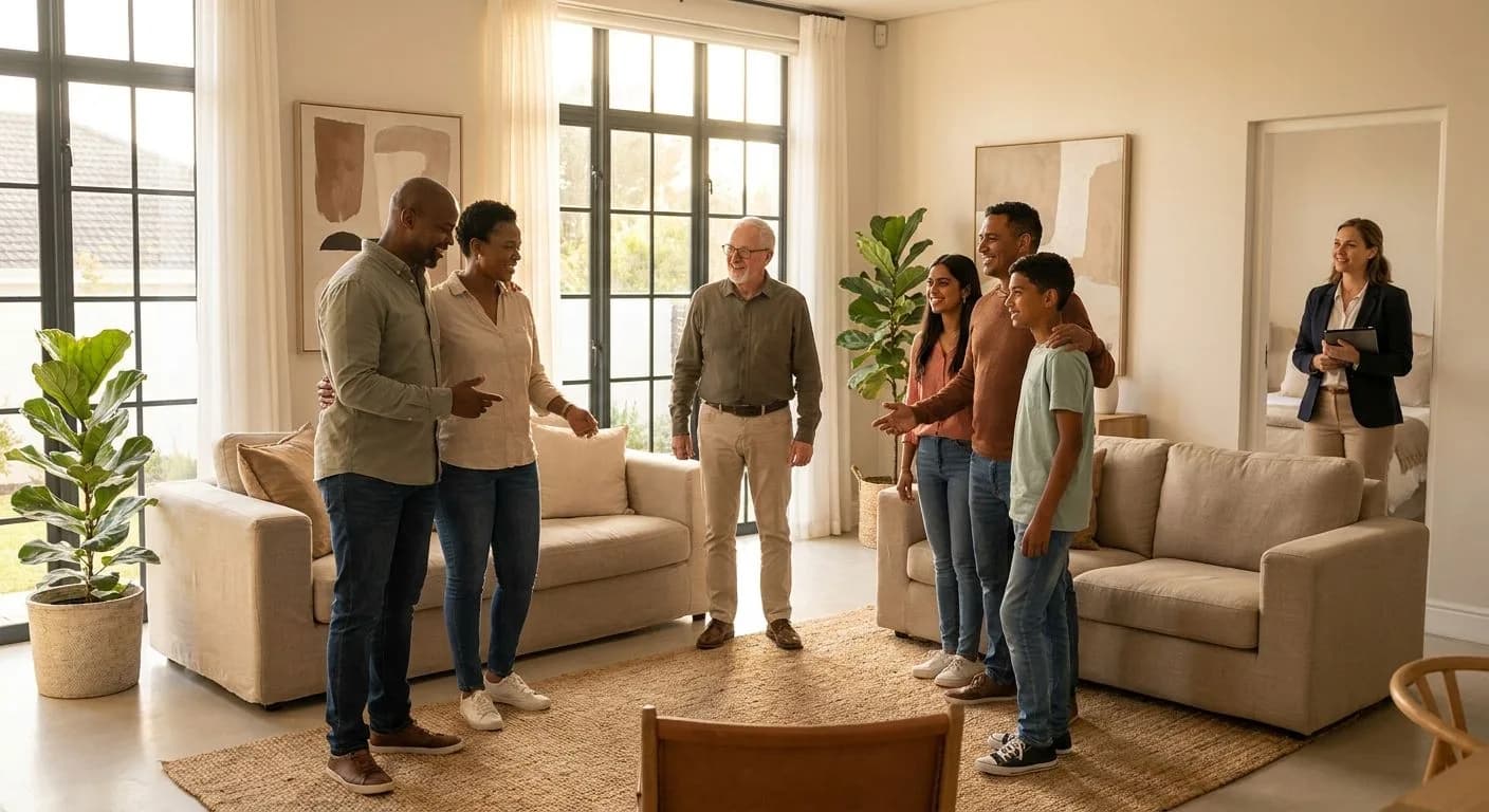 A diverse group of South African property buyers at an open house, interested expressions, well-staged living room with warm afternoon light, estate agent in the background