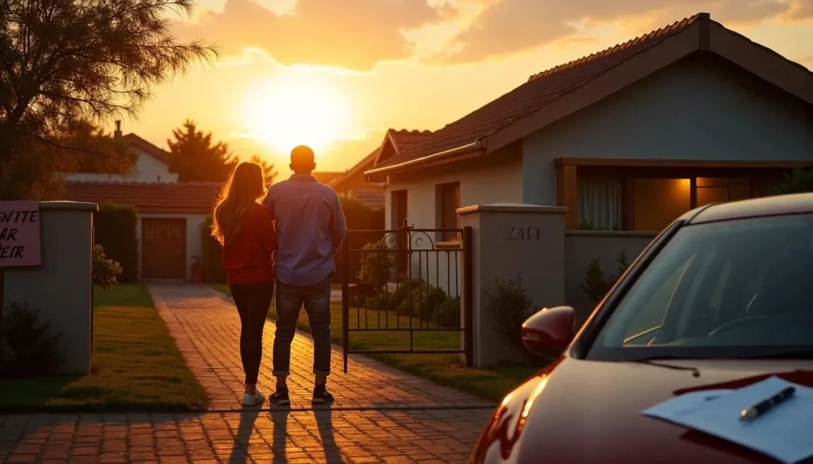 South African couple standing beside a For Sale board at sunset, looking toward their next home, symbolising a property sale subject to another sale.
