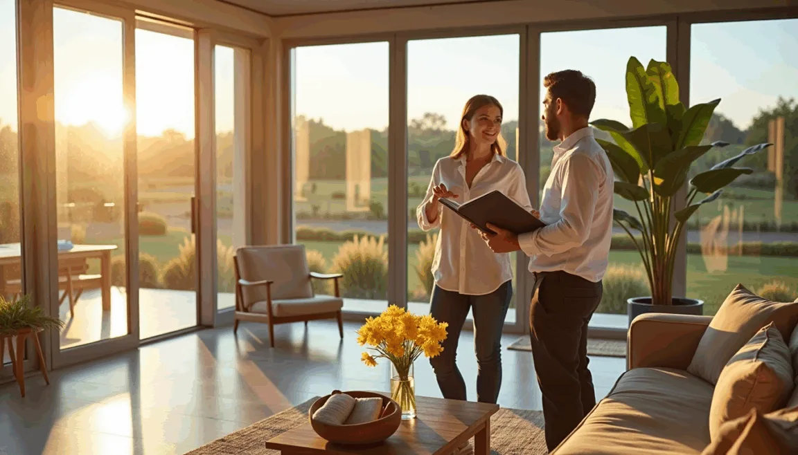A real estate agent warmly engaging buyers inside a modern South African home, with sunlight streaming through large windows and a welcoming interior.