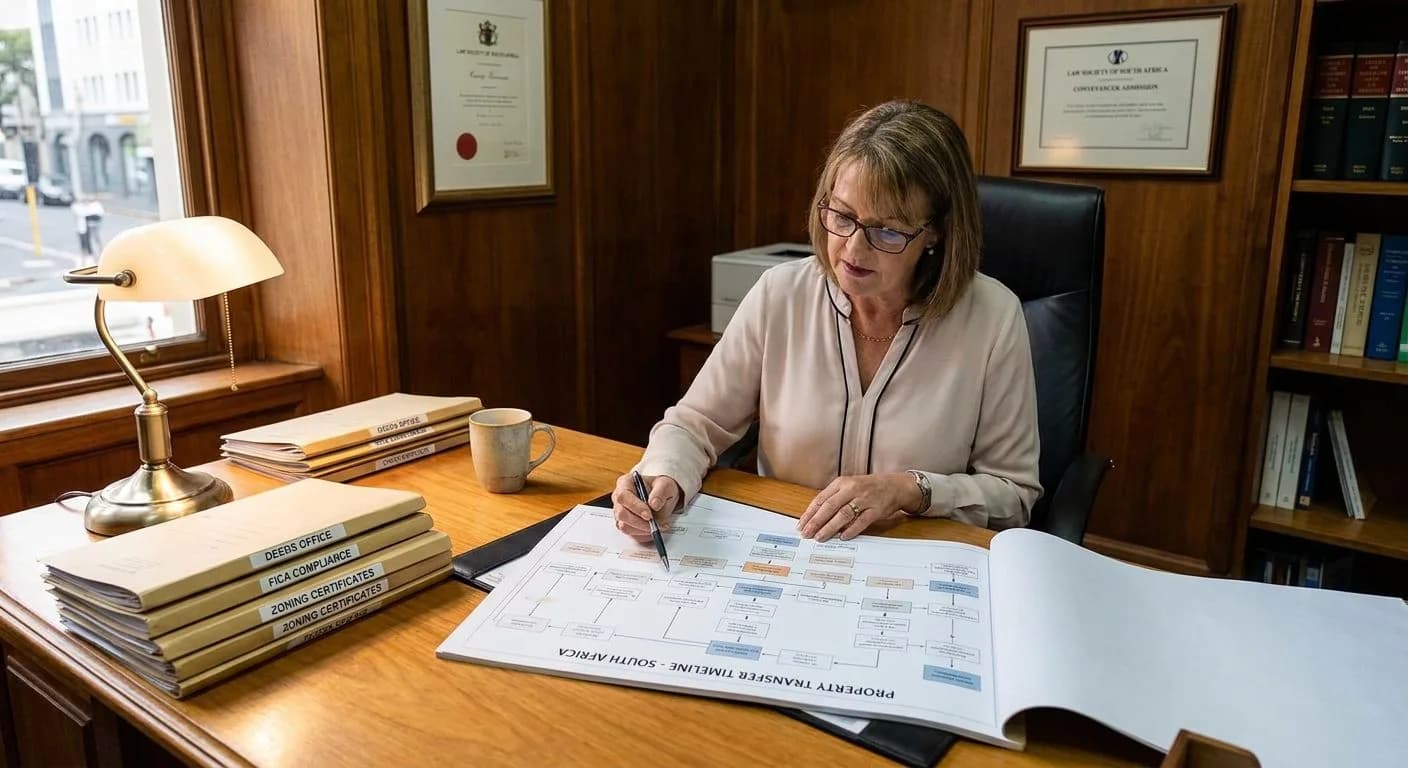 A South African conveyancer reviewing a property transfer timeline document at a professional desk, organised legal folders visible, warm office light