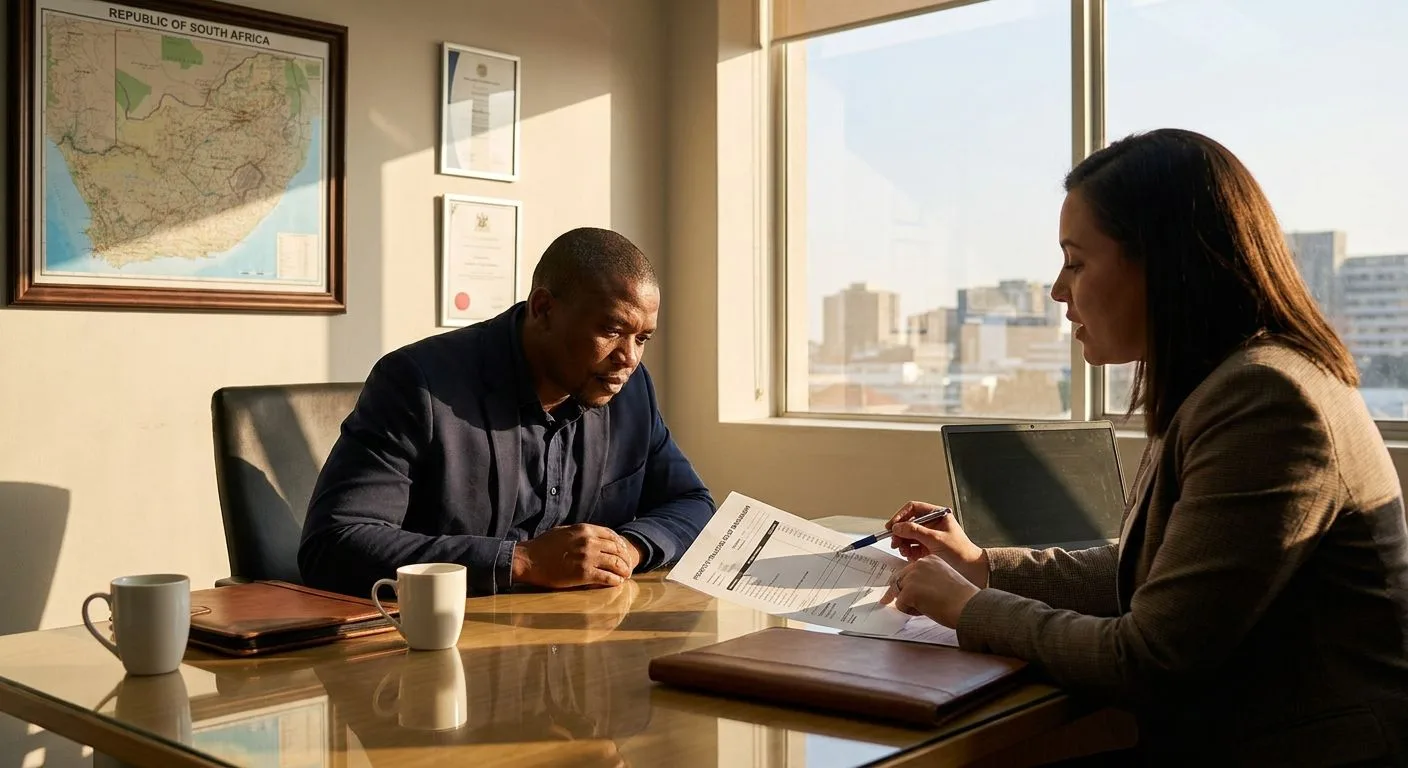 A South African buyer reviewing a property transfer cost breakdown with their conveyancer at a professional office desk, itemised document visible, warm afternoon light