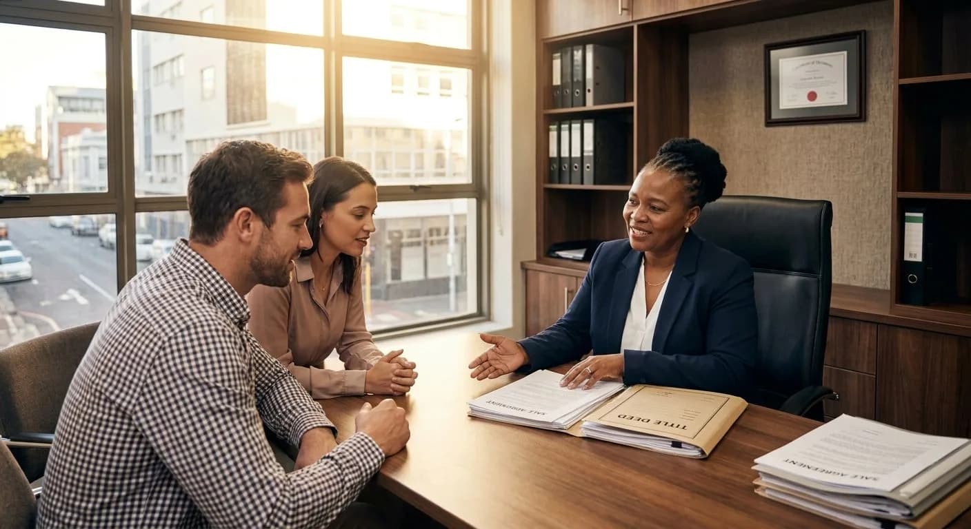 A South African conveyancer explaining the property transfer process to a buyer couple at a professional office desk, transfer documents on the table, warm afternoon light