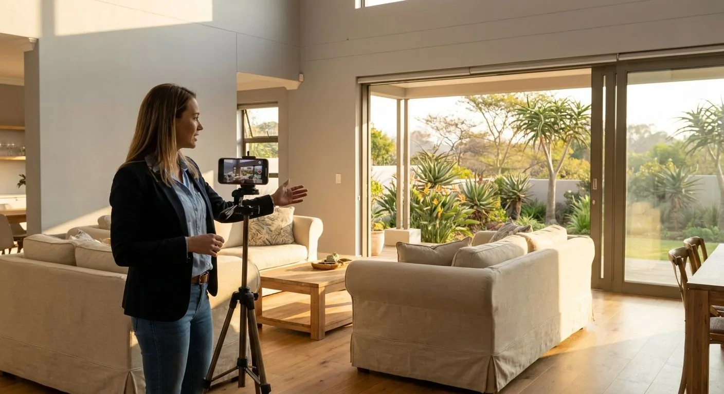 A South African estate agent filming a property video walkthrough in a suburban home interior with golden afternoon light through sliding glass doors