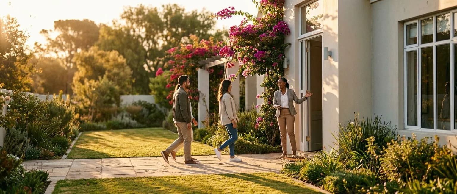 A South African estate agent welcoming buyers at the front door of a well-presented show house at golden hour, bougainvillea in full bloom along the entrance wall