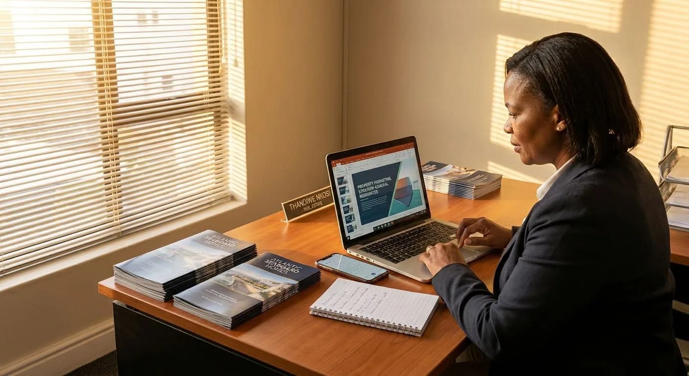 A South African estate agent reviewing a property marketing plan at a modern office desk, warm afternoon light through venetian blinds, property brochures visible