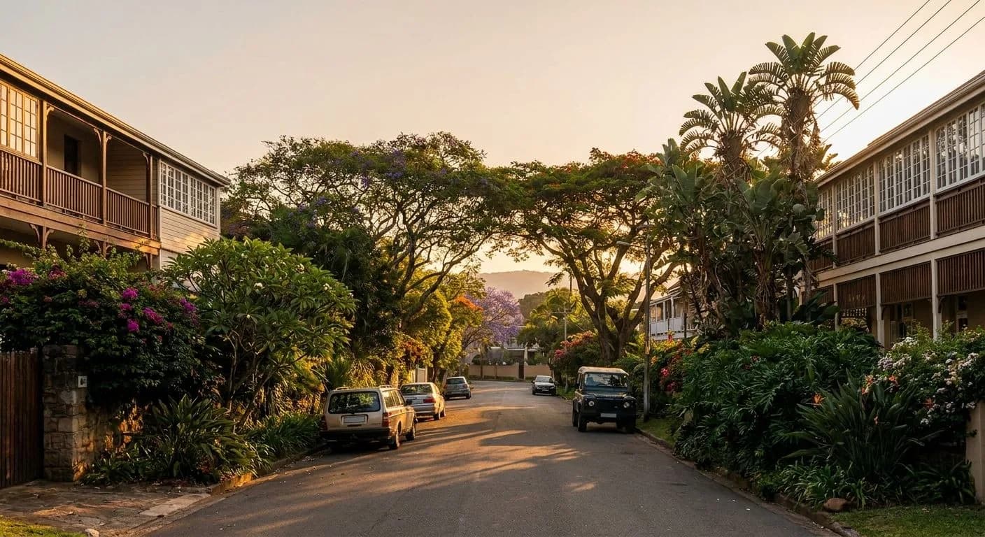 A tree-lined Glenwood Durban street at golden hour, double-storey homes with lush subtropical gardens, Berea Ridge visible in the background, warm amber light on leafy canopy
