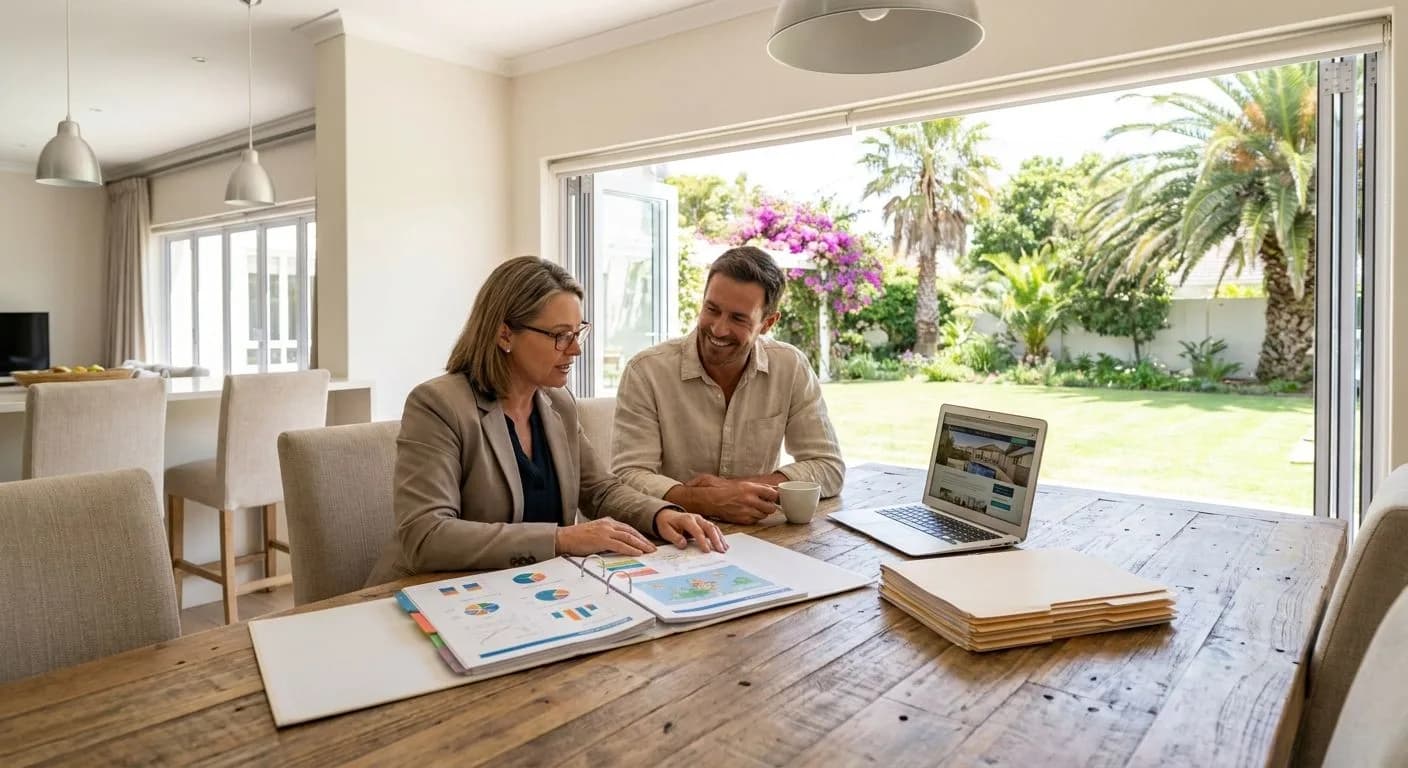 A South African estate agent presenting a home valuation report to a homeowner at a dining table, warm residential interior with large windows and a lush leafy garden view