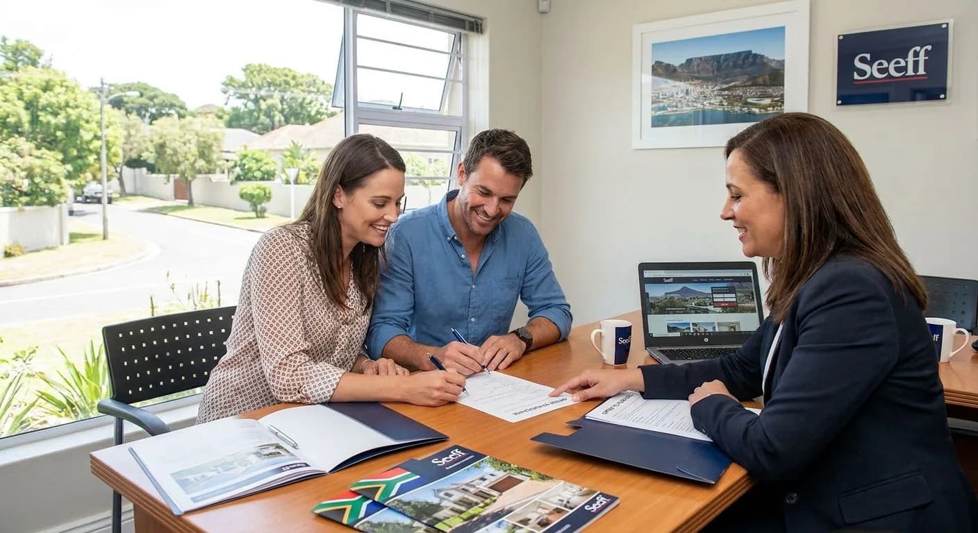 A couple signing an offer to purchase at a South African estate agent's office, warm natural light through large windows, neat professional desk with property documents