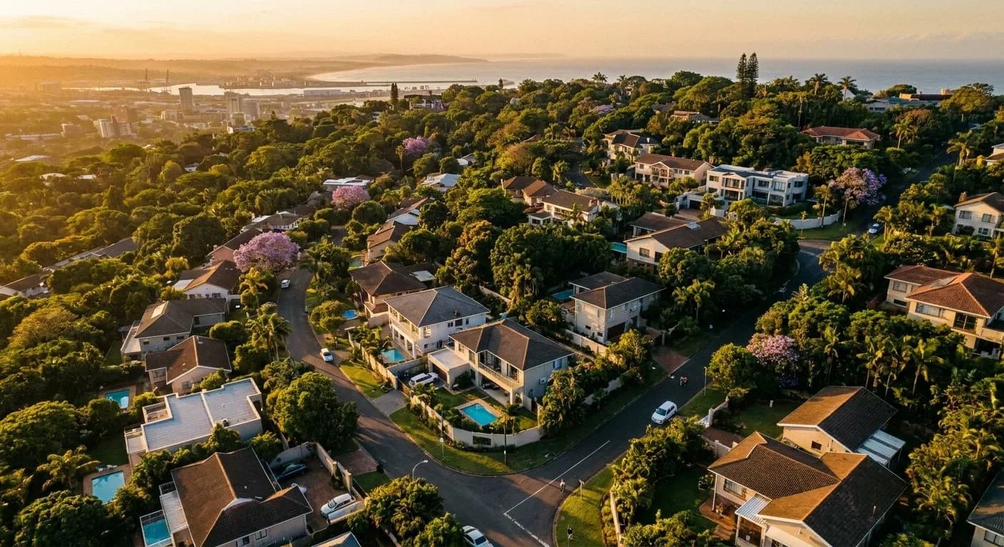 Aerial view of a lush Durban suburb hillside at golden hour, dense tree canopy, double-storey homes on winding streets, glimpse of Durban harbour in the background