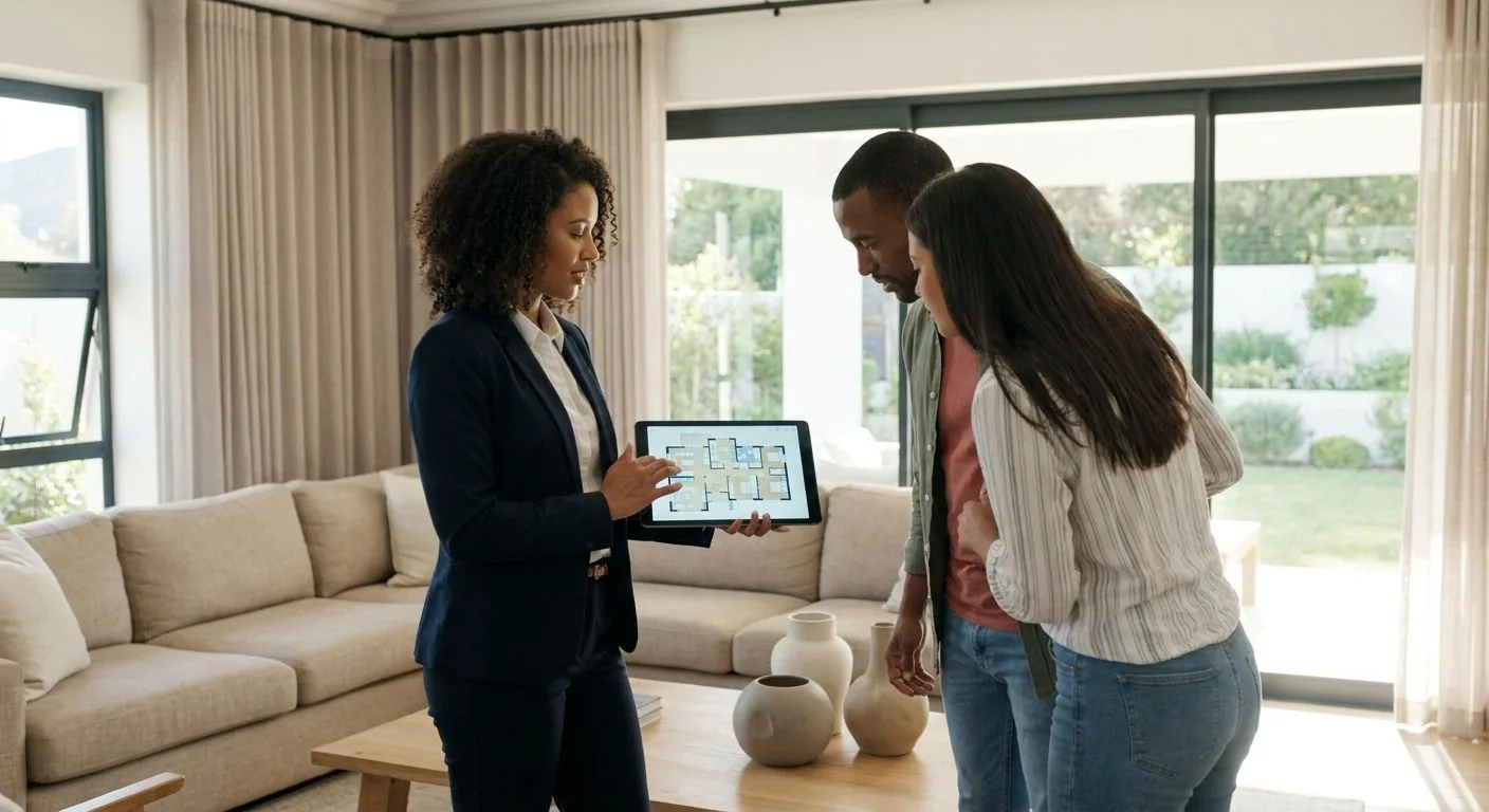 A South African estate agent showing buyers a virtual floor plan on a tablet during an open house, standing in a bright well-staged living room with large windows