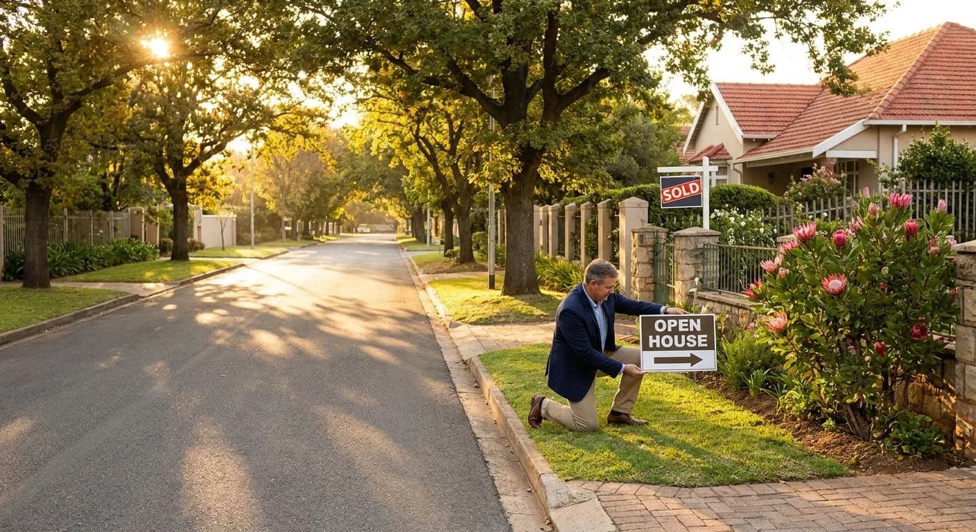 A South African estate agent placing open house directional signboards on a neat suburban street, golden morning light, tree-lined road with proteas flowering