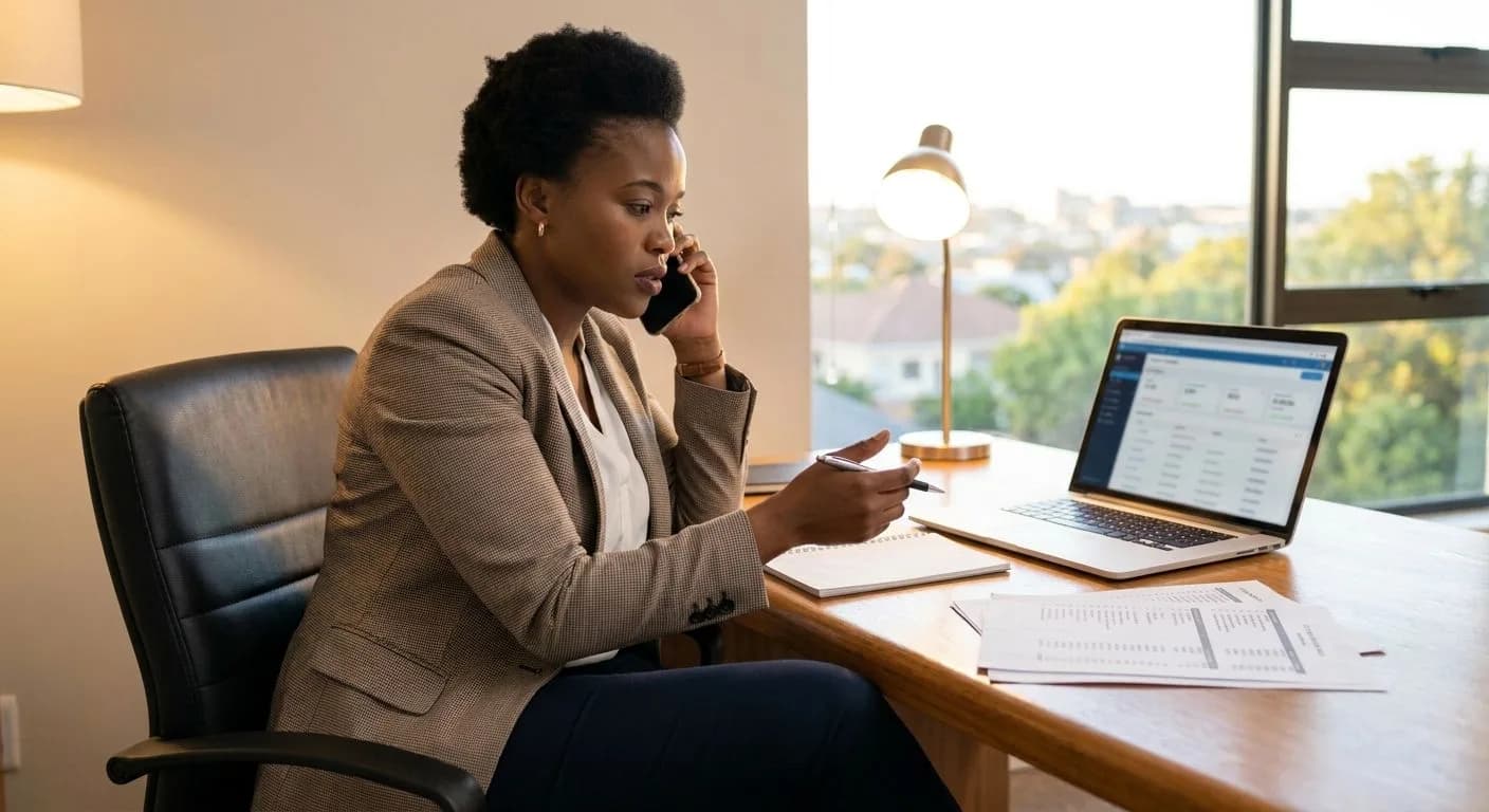 A South African estate agent making a follow-up phone call to buyers while sitting at a professional office desk with printed buyer contact sheets