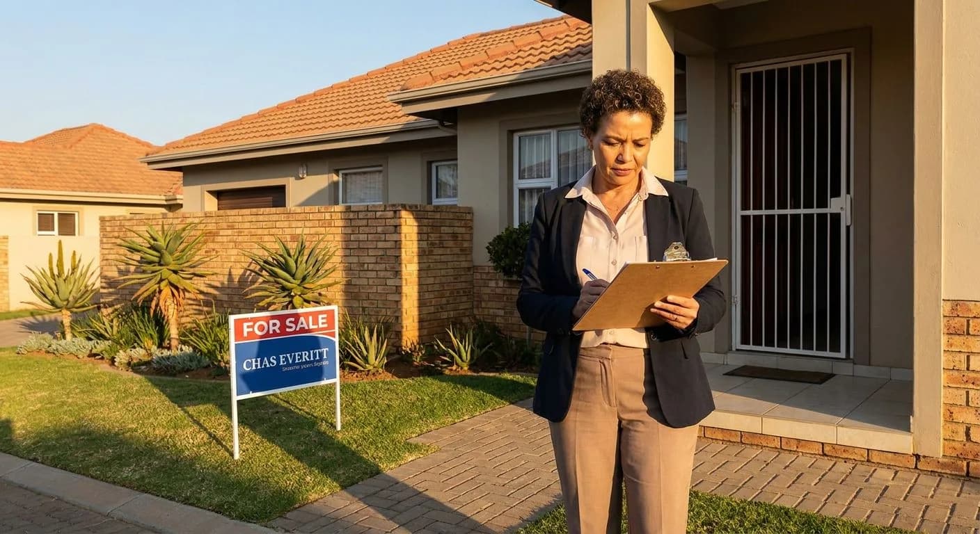 A South African estate agent reviewing a checklist on the front stoep of a property prepared for an open house, neat suburban home exterior with a for-sale sign, golden morning light