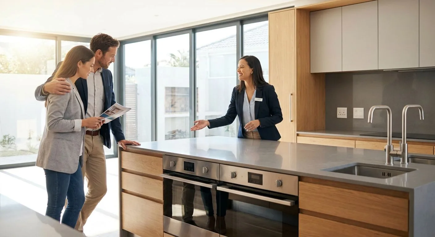 A South African estate agent showing a modern kitchen to interested buyers during an open house, warm afternoon light, stone countertops and quality fittings