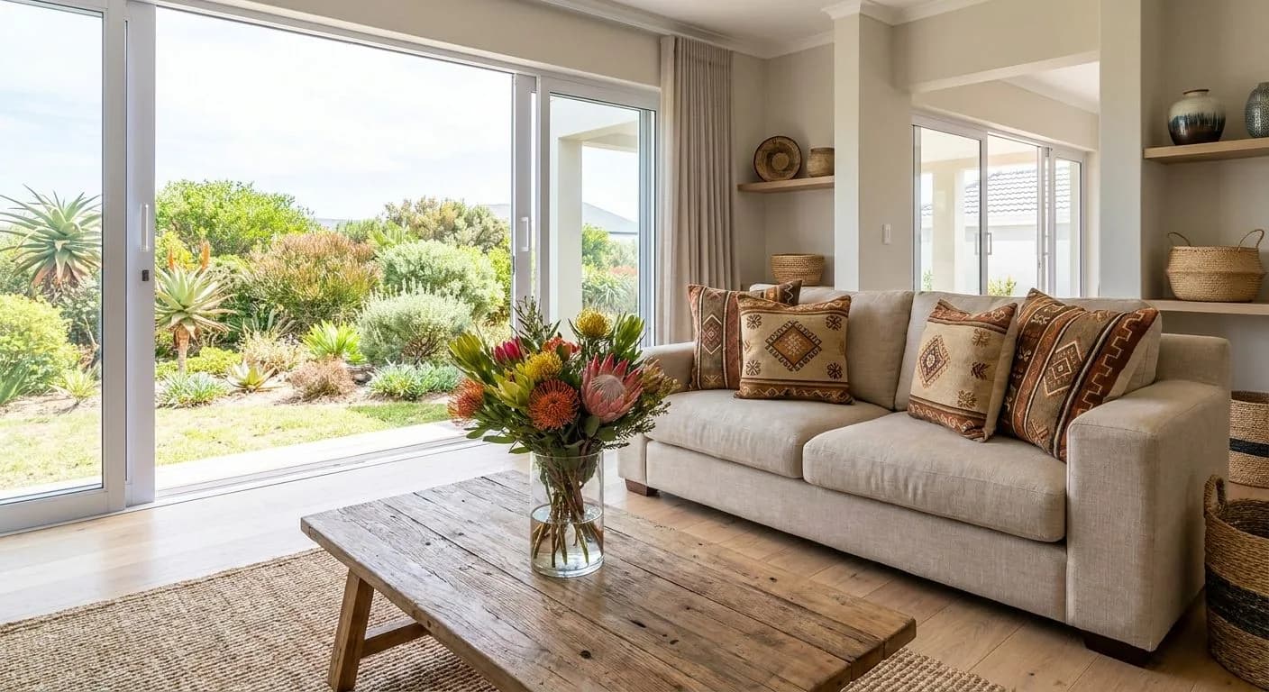 A neatly staged South African living room prepared for an open house, fresh flowers on a coffee table, warm natural light through sliding glass doors to an indigenous garden