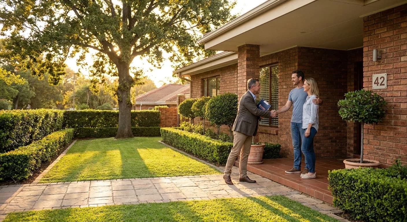 A South African estate agent shaking hands with a smiling couple on the front stoep of a suburban property after a successful showing at golden hour