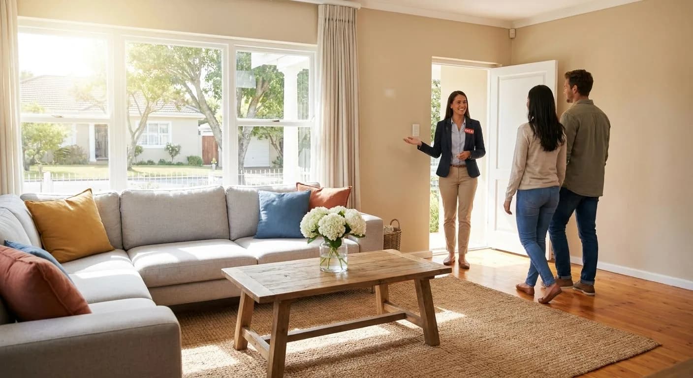 A South African estate agent welcoming buyers into a beautifully staged suburban home for an open house, bright living room with fresh flowers and warm natural light