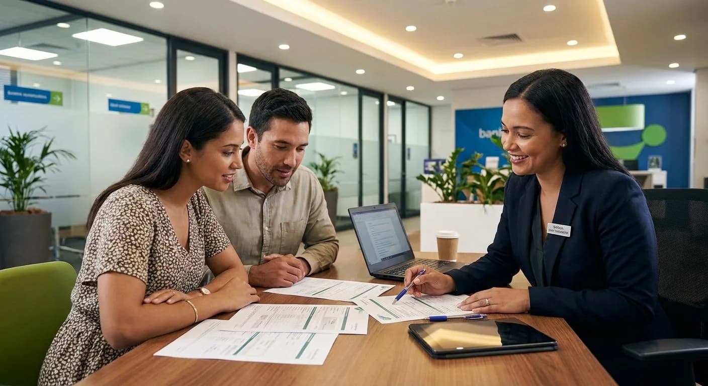 A South African couple meeting with a bond originator at a bank, reviewing home loan documents across a desk in a modern bank interior
