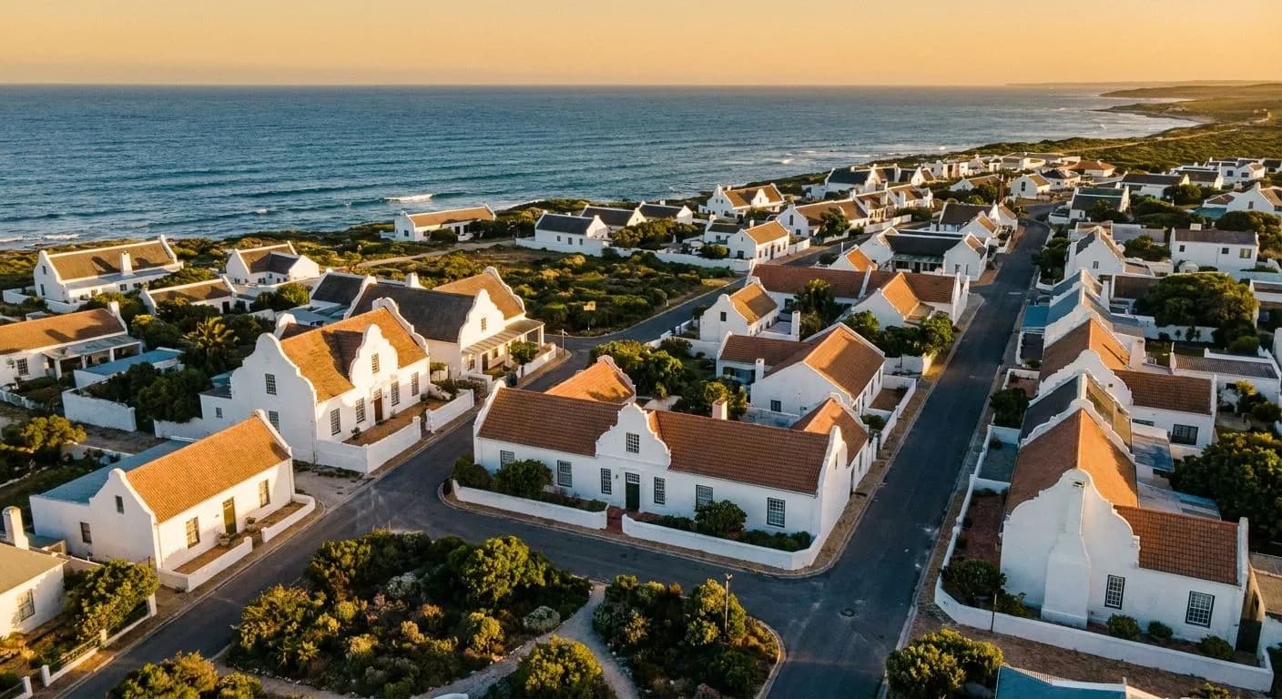 Aerial view of a coastal South African town at golden hour, Cape Dutch homes and blue ocean in the background, warm amber sky