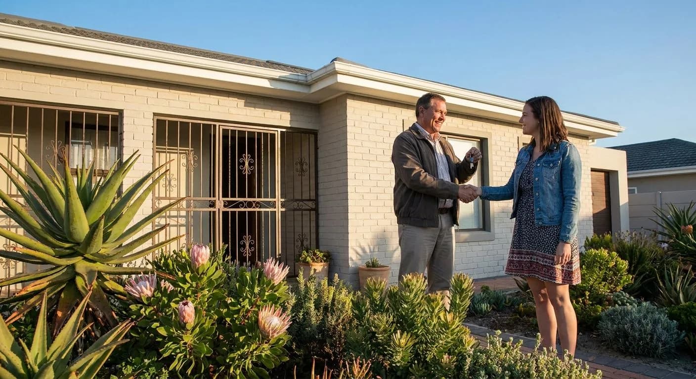 A South African property investor handing keys to a new tenant outside a neat suburban rental property at golden hour, manicured indigenous garden