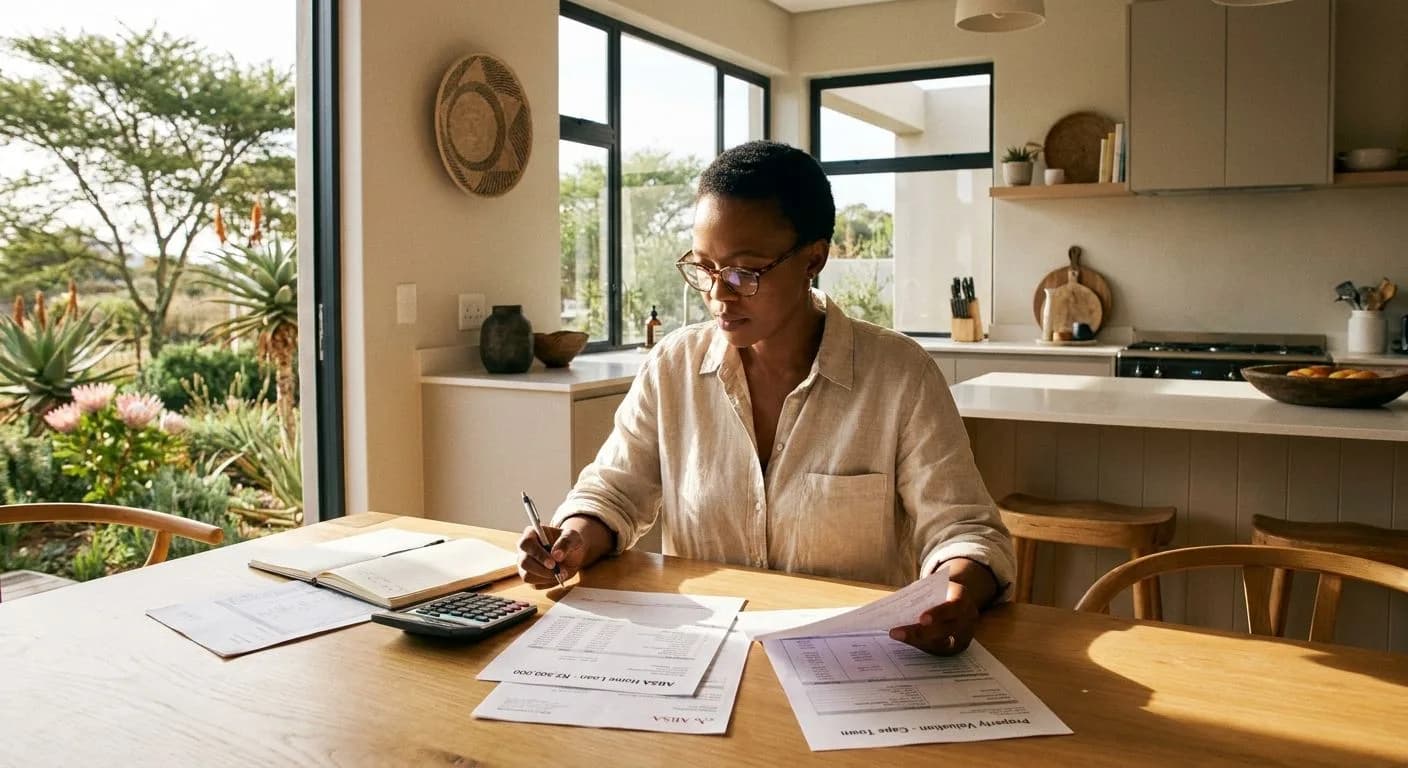 A South African property investor reviewing home loan and valuation documents at a sunlit kitchen table, indigenous garden visible through large windows