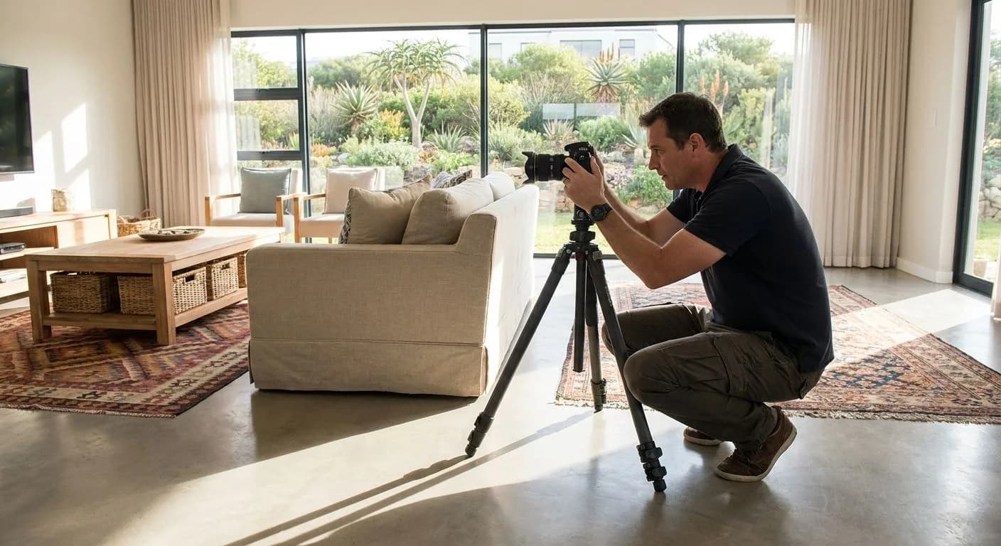 A professional real estate photographer setting up a camera on a tripod in a staged South African home interior with large windows and a garden view beyond