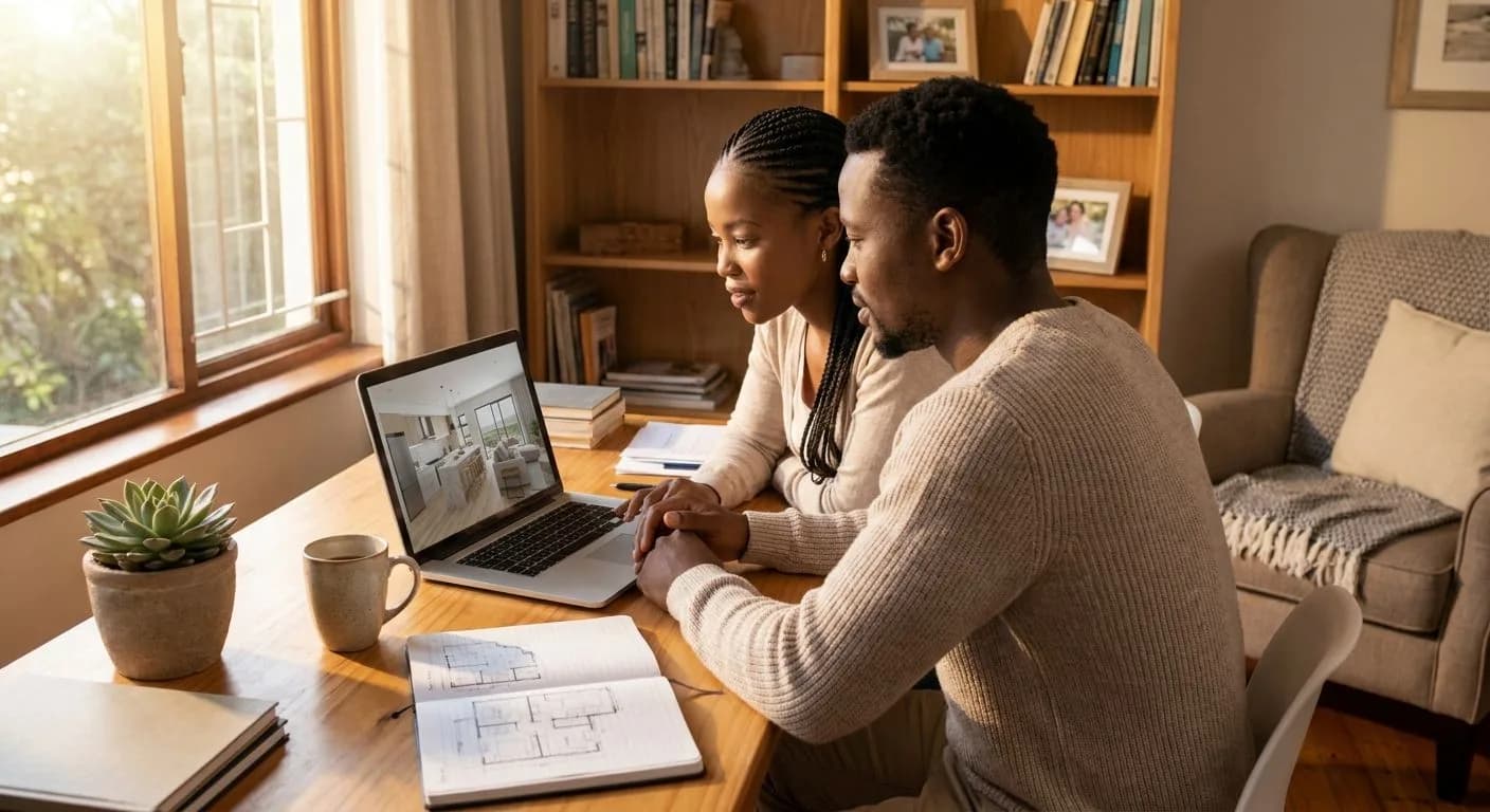 A South African couple viewing a virtual 3D property tour on a laptop in a cosy home office with warm afternoon light